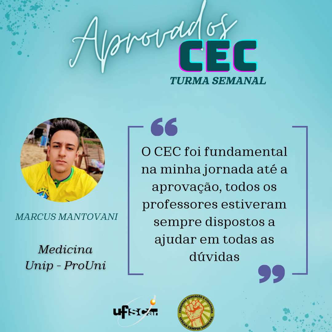 Relato de estudante que passou pelo cursinho CEC e conquistou vaga na universidade